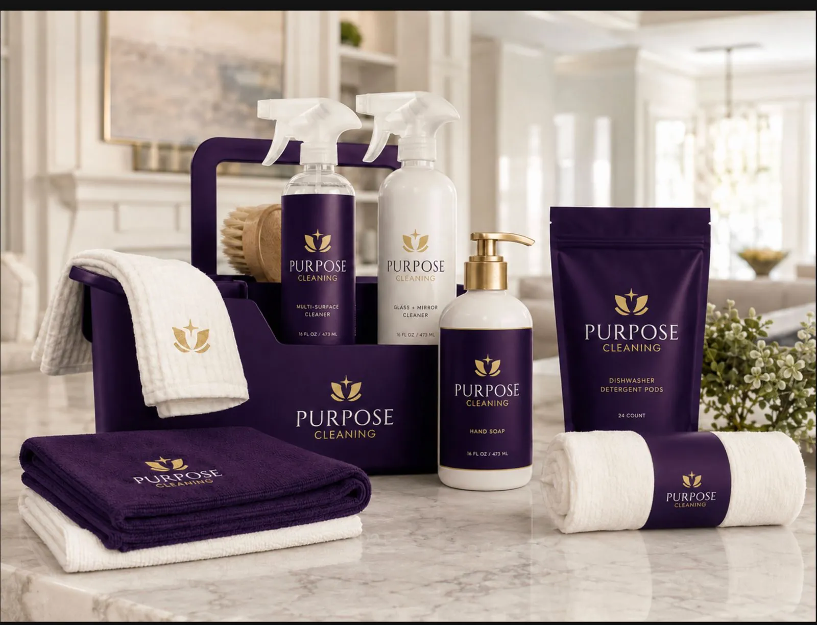 Purpose Cleaning branded product kit — multi-surface and glass cleaner, microfiber towels and detergent on a marble counter